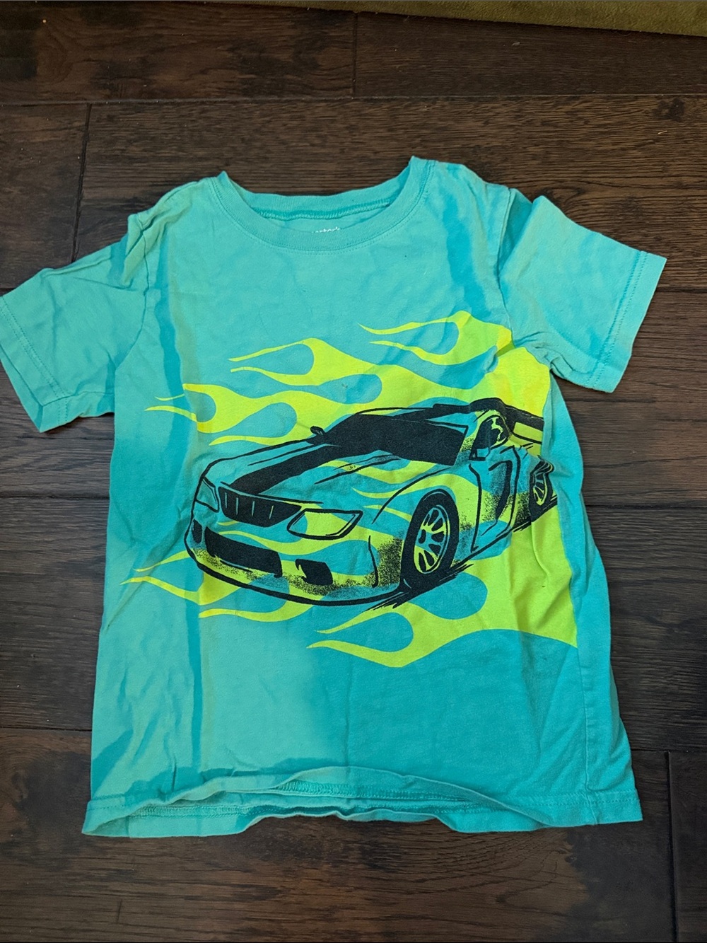 5/$25 Kids Teal Graphic Car T‑Shirt with Yellow Flames